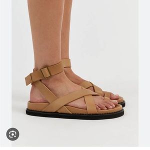 Leather Ankle-Strap Flat Sandals in Tan